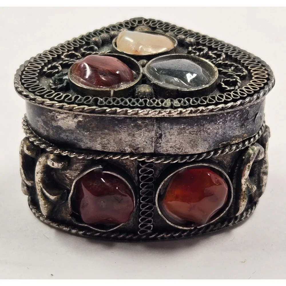 Tiny Vintage Indian Stone Trinket Box Mini Jewelry Ring Box Boho Decor